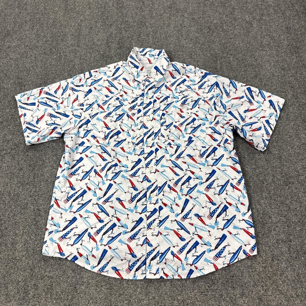 Reel Legends Shirt Mens L White Patriotic Lure Short Sleeve Fishing Button Front
